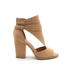 LOST TAN STUDDED PEEP TOE BOOTIE